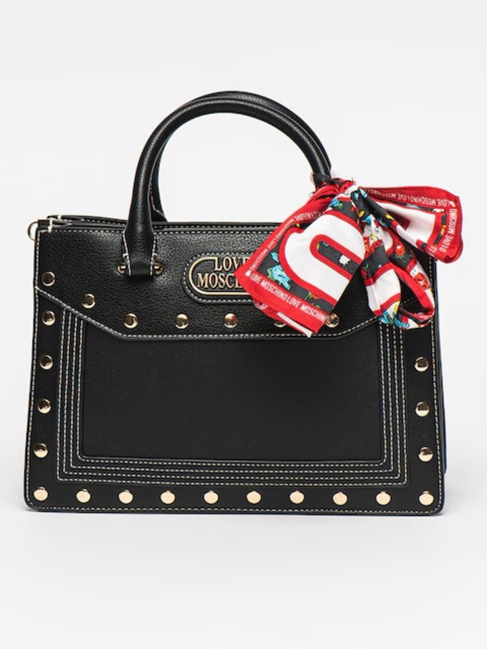 Love Moschino Black Satchel with Red Patterned Scarf and Gold Studs